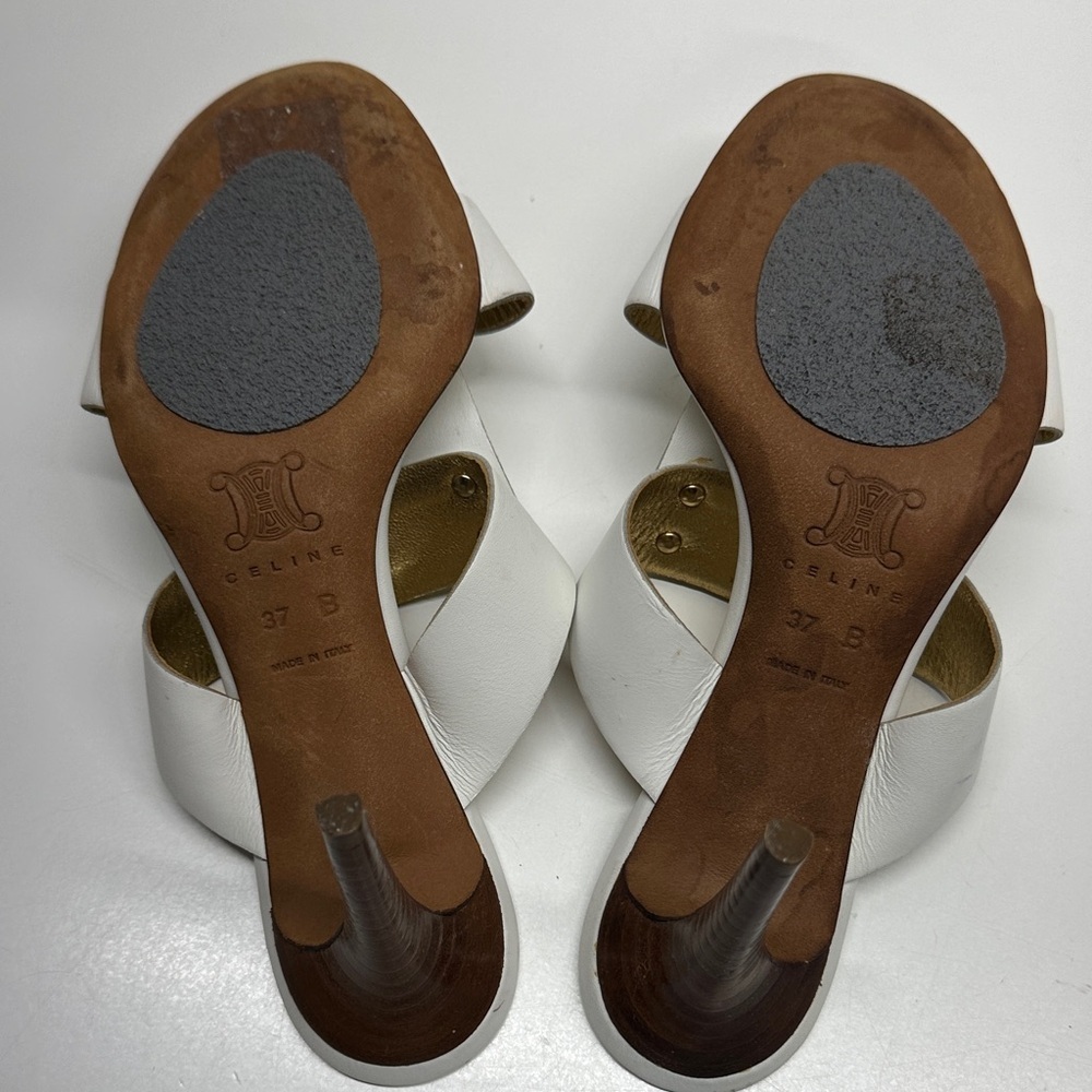 Celine Triomphe Heels High Heel Shoes Open Toe Leather White Gold Studs Size 37 - Picture 11 of 14